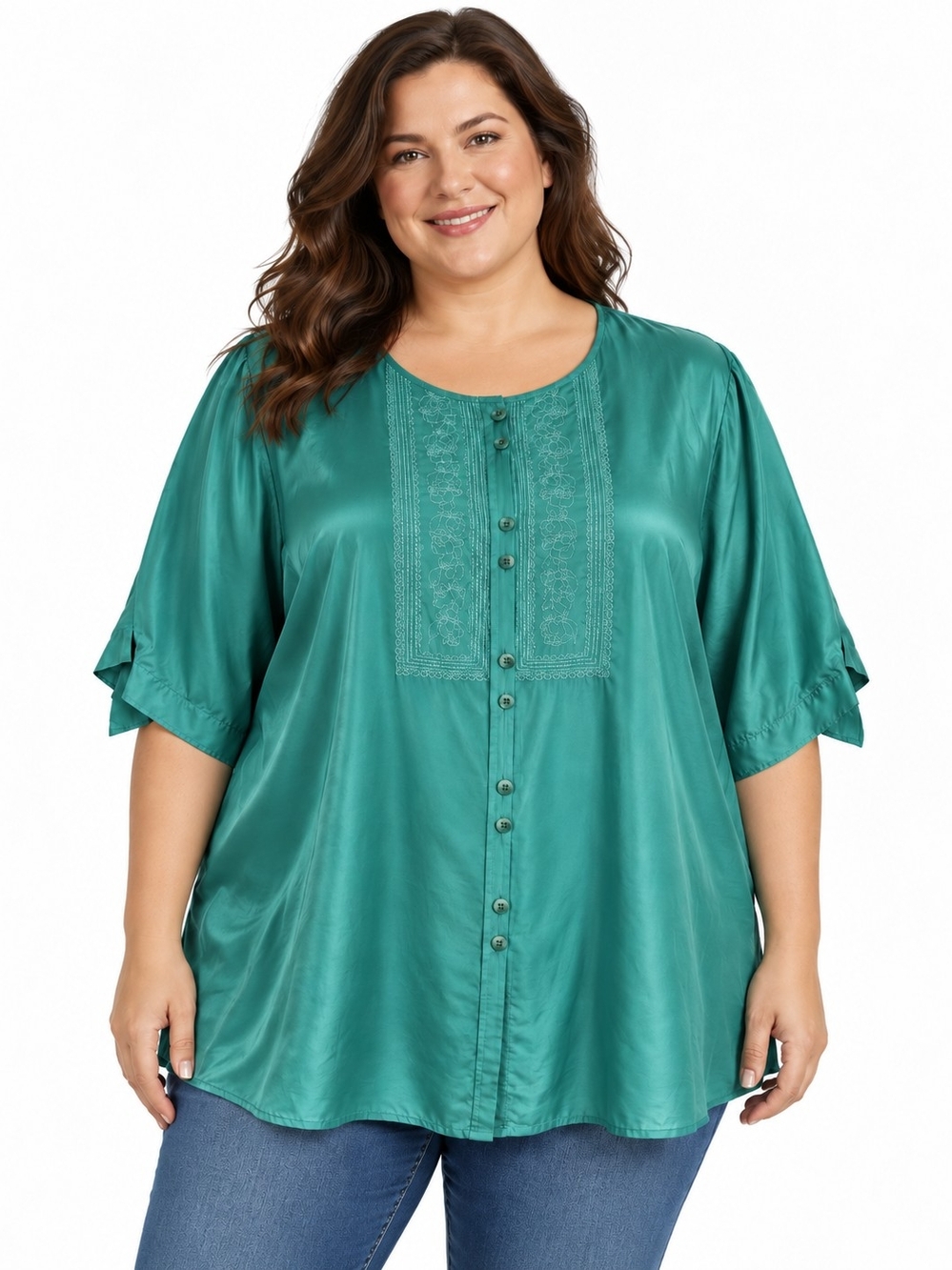 Adrian Jordan Plus Size Teal Button-Front Blouse with Embroidered Yoke 100% Silk